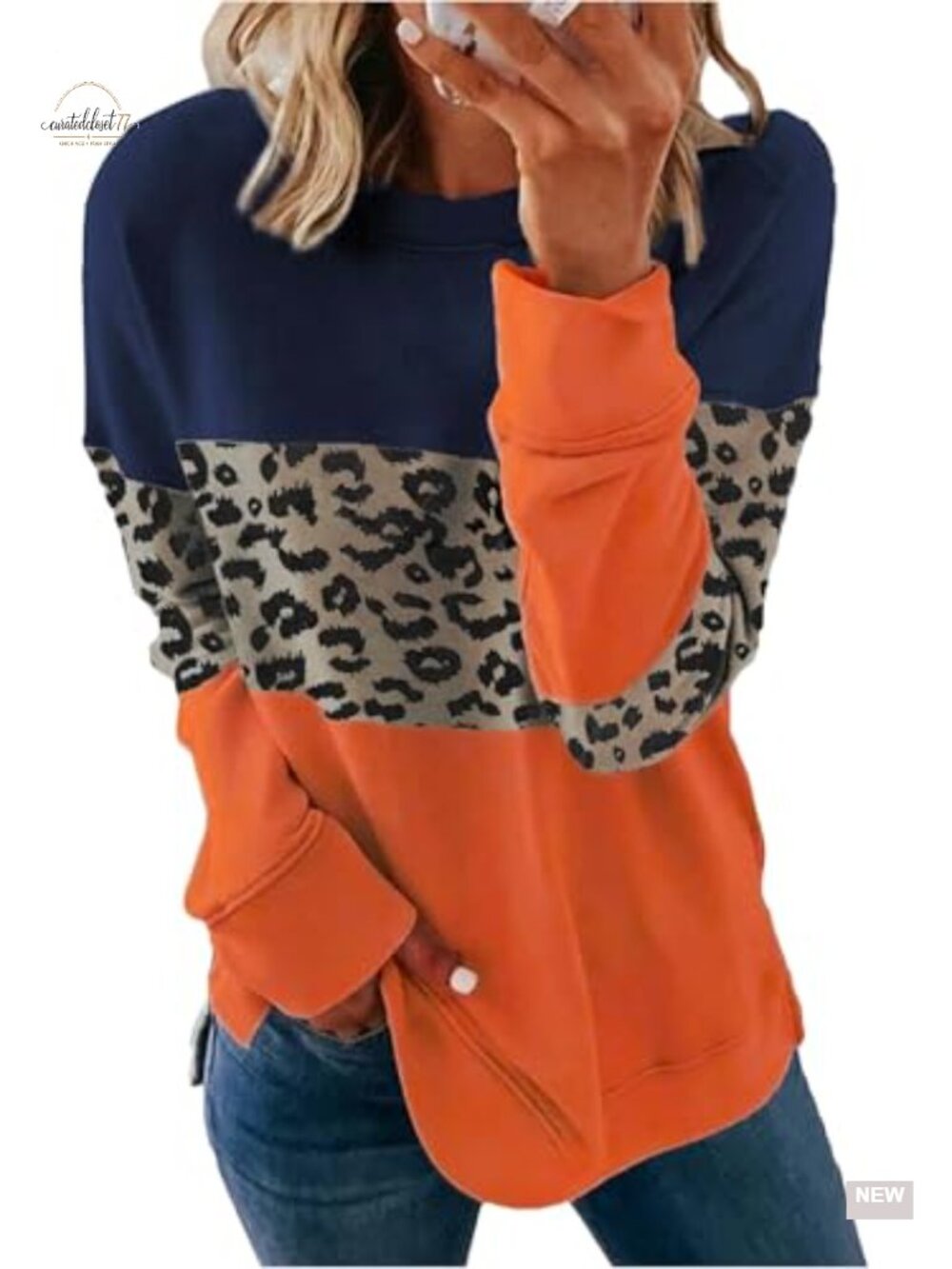 Womens Casual Crewneck Sweatshirt Long Sleeve Color Block Pullover Top
